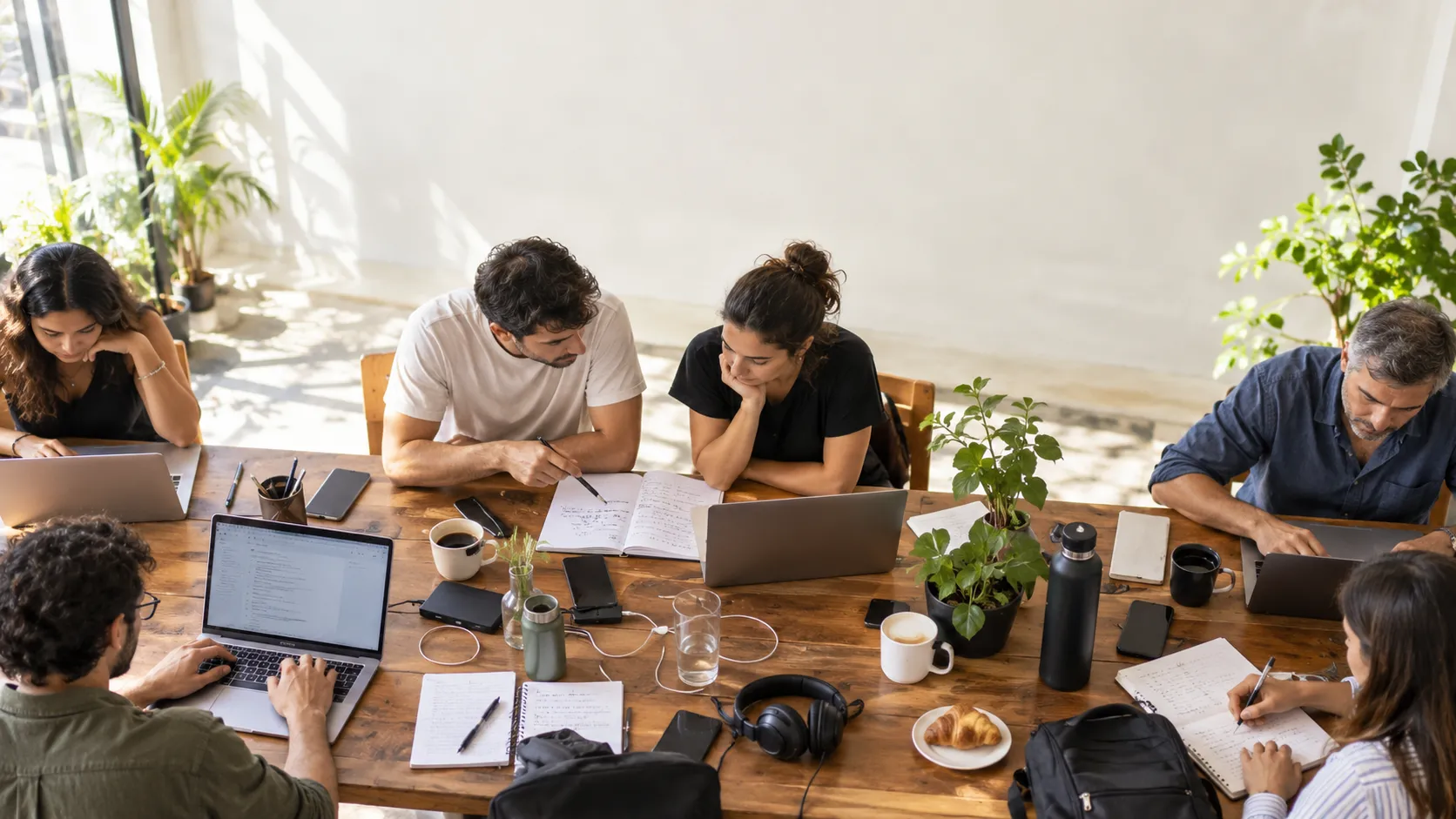 Siete personas trabajan alrededor de una mesa larga de madera con laptops, cuadernos y café, en un espacio luminoso con plantas.